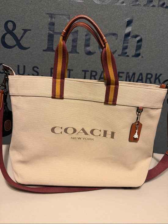 Coach Other - Coach Canvas Messenger Bag in Cream with Burgundy and Mustard Straps